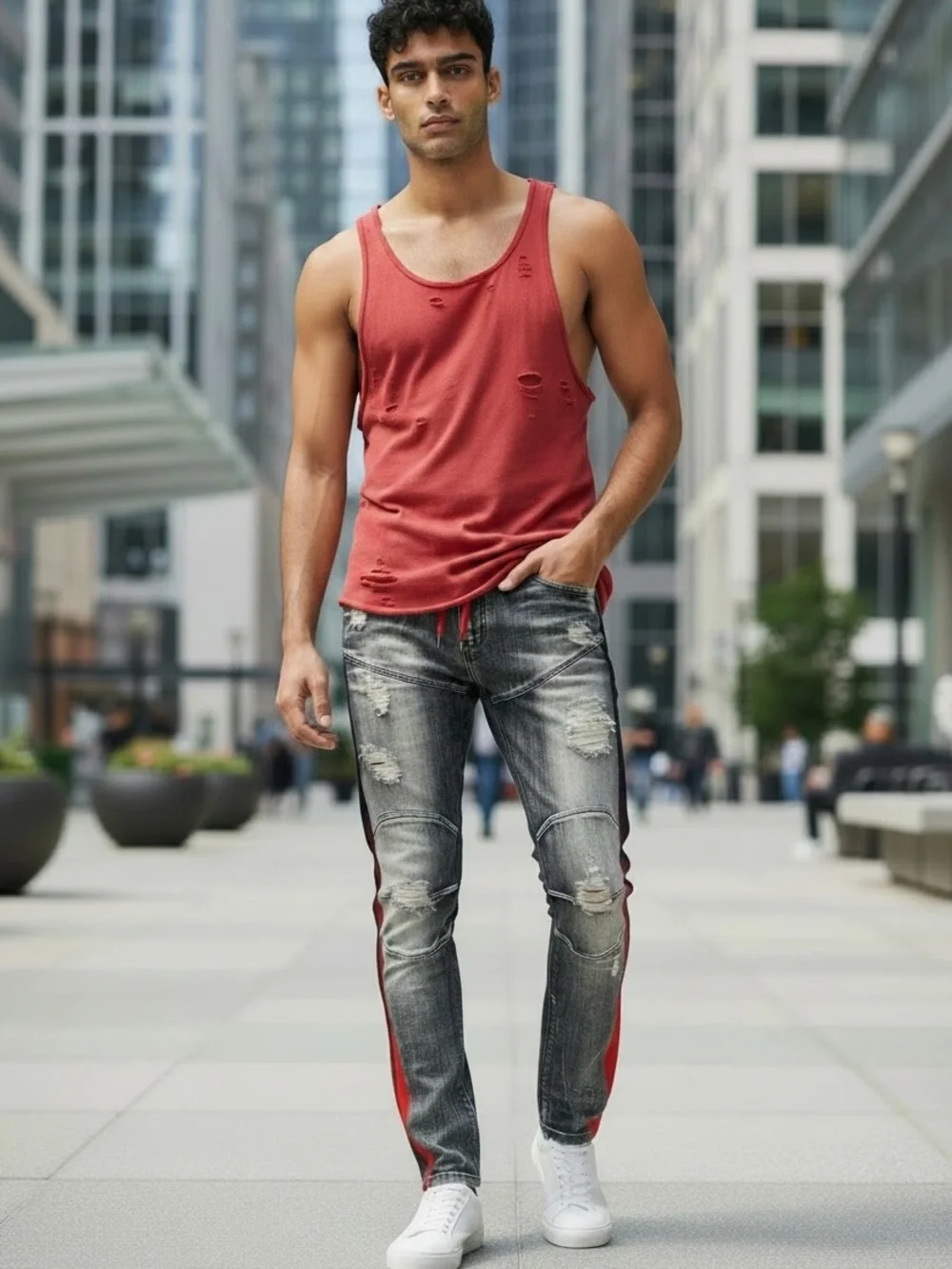 Focus NWOT Slim Fit Blue Distressed Jeans with Red & Purple Stripe - Picture 5 of 13